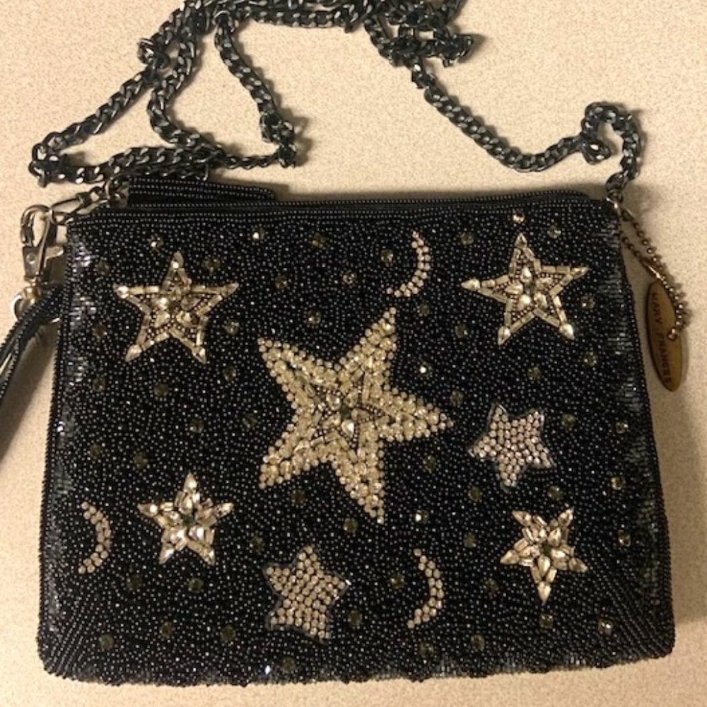 Mary Frances Celestial Moon and Stars Beaded Black and Silver Evening Bag